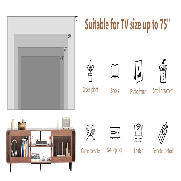 TV Stand for 55/60/65/70", Wood Entertainment Center with Power Outlets, Media Console with Sliding Doors and Open Shelf for Living Room, Walnut