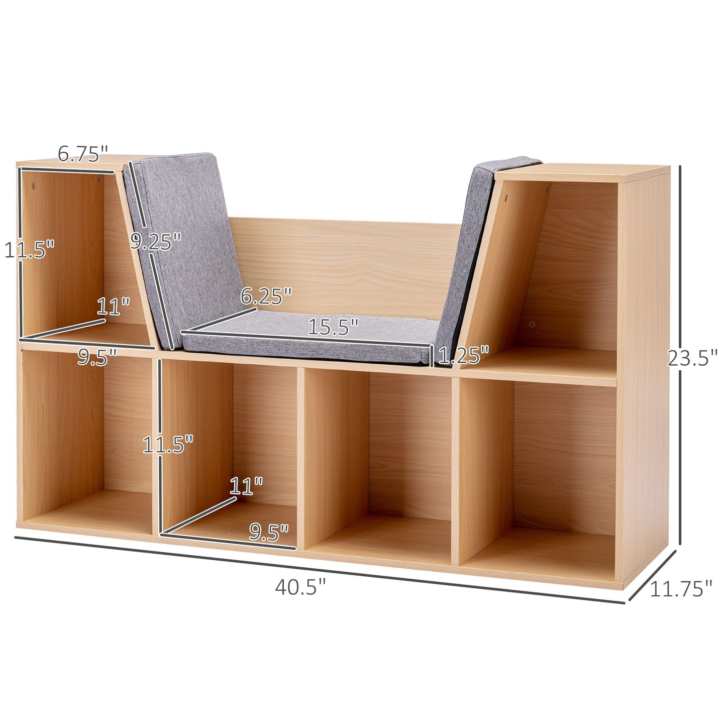 6-Cubby Kids Bookcase with Reading Nook and Cushion, Multi-Purpose Storage Organizer for Bedroom, Living Room, Natural