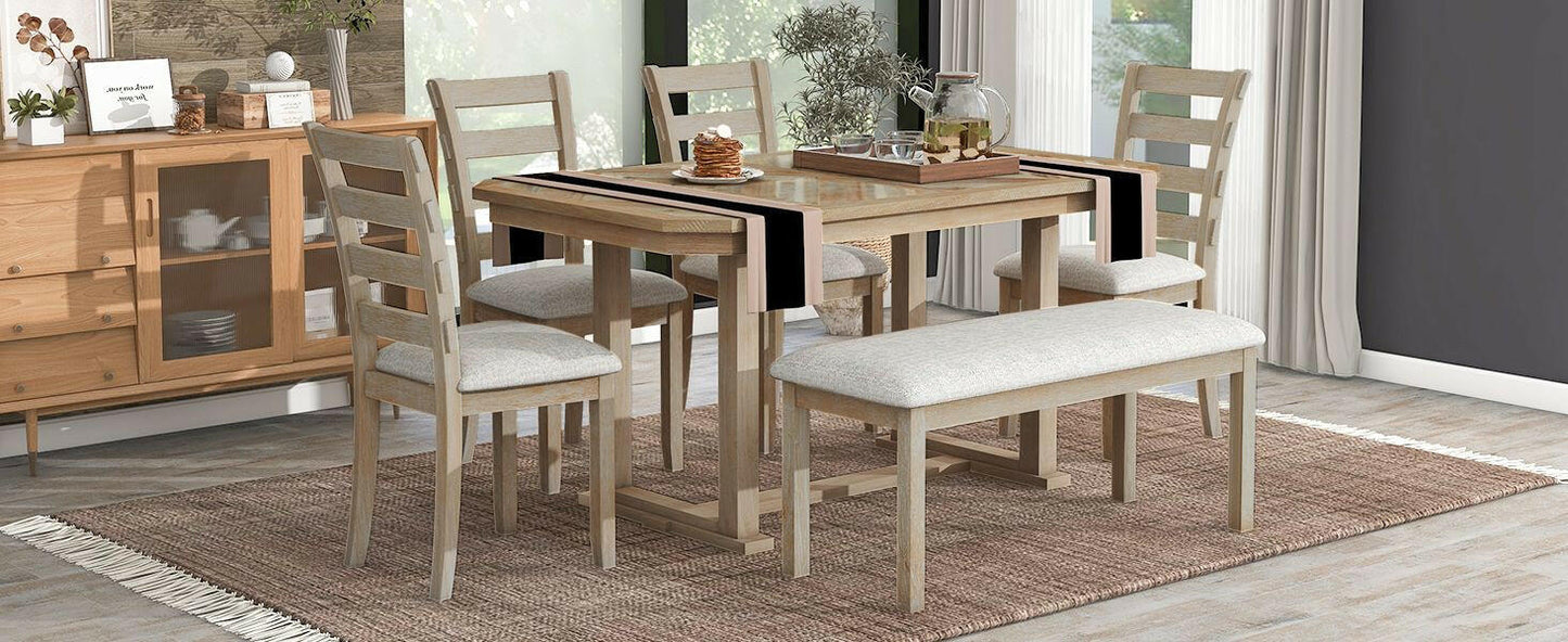 TREXM 6-Piece Rubber Wood Dining Table Set with Beautiful Wood Grain Pattern Tabletop Solid Wood Veneer and Soft Cushion (Natural Wood Wash).