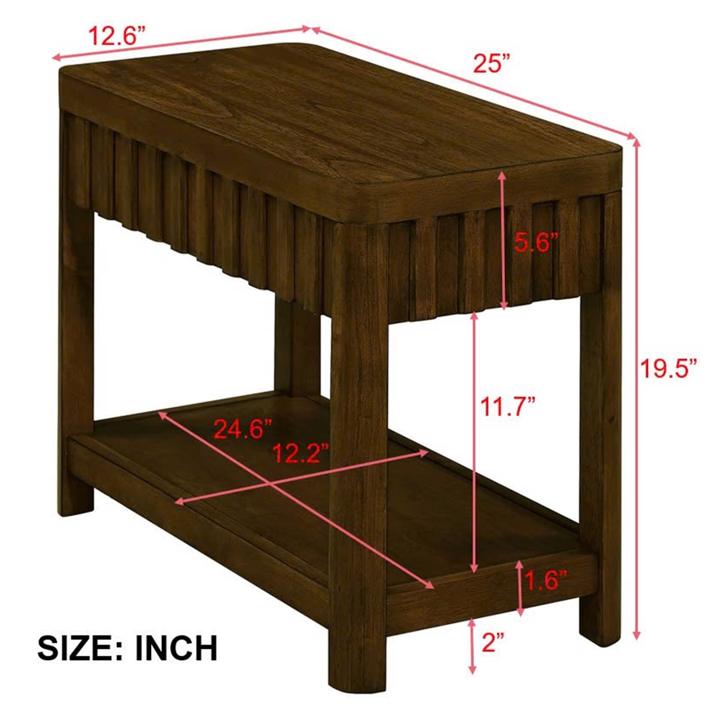 25'' Rectangular Farmhouse End Table with Storage Shelf, Sofa Side Table with Solid Wood Legs for Living Room, Bedroom, Office, Walnut