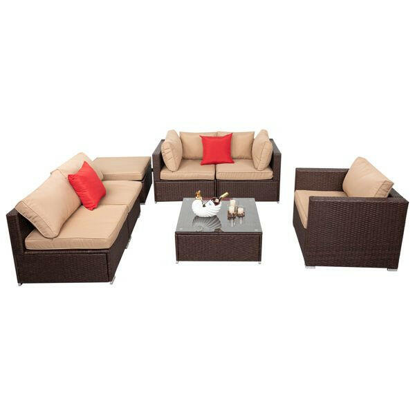 7 Pieces Wood Grain Patio PE Wicker Rattan Corner Sofa Set.