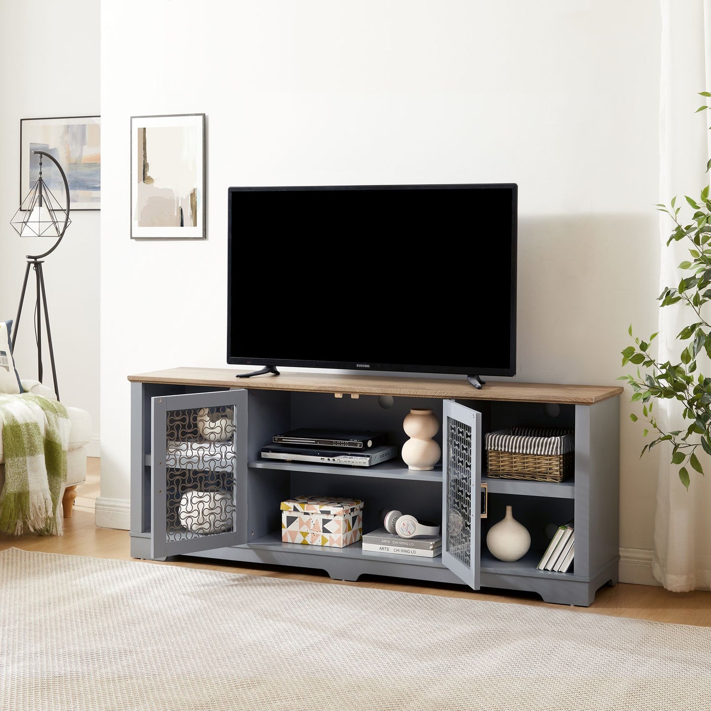 Modern Farmhouse Home Entertainment Console, for TV Up to 80'', with Open Shelves and Glass Door Cabinets, Light Blue and Light Oak, 70"W*15.55"D*26.85"H