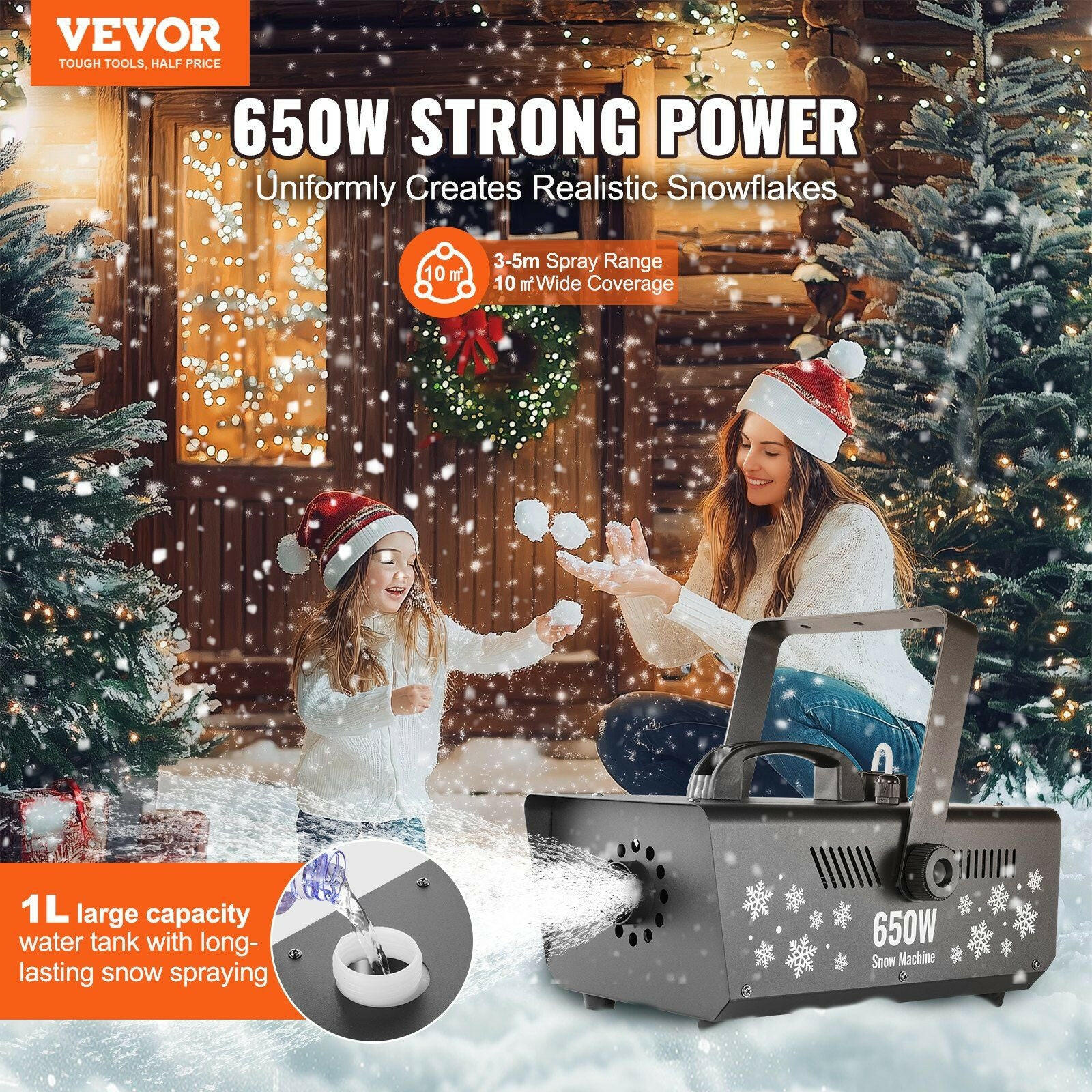 VEVOR Snow Machine 650W Handheld Hanging Snow Making Machine for Holidays.