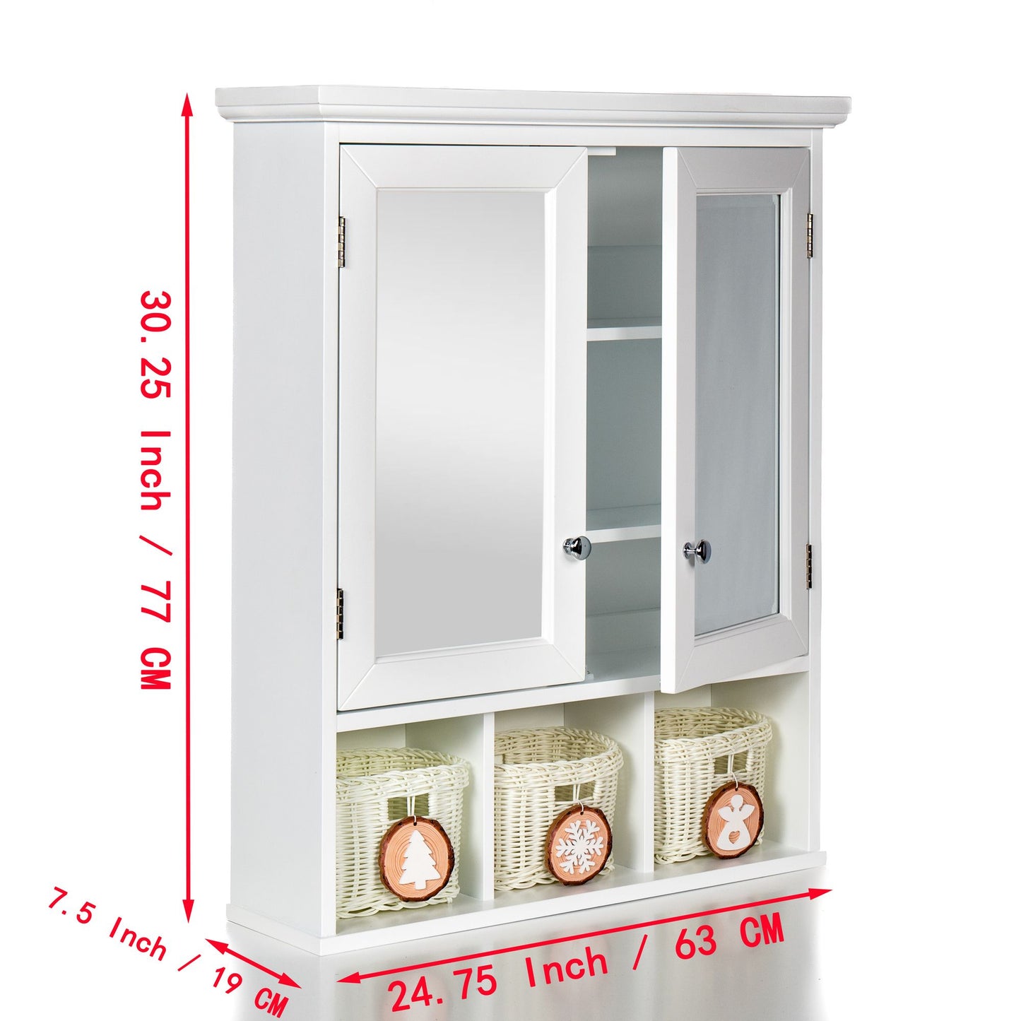 Bathroom Storage Cabinet with Mirror, 2 Doors 2 Adjustable Shelf + 3 Christmas Style Storage Basket, White Wood