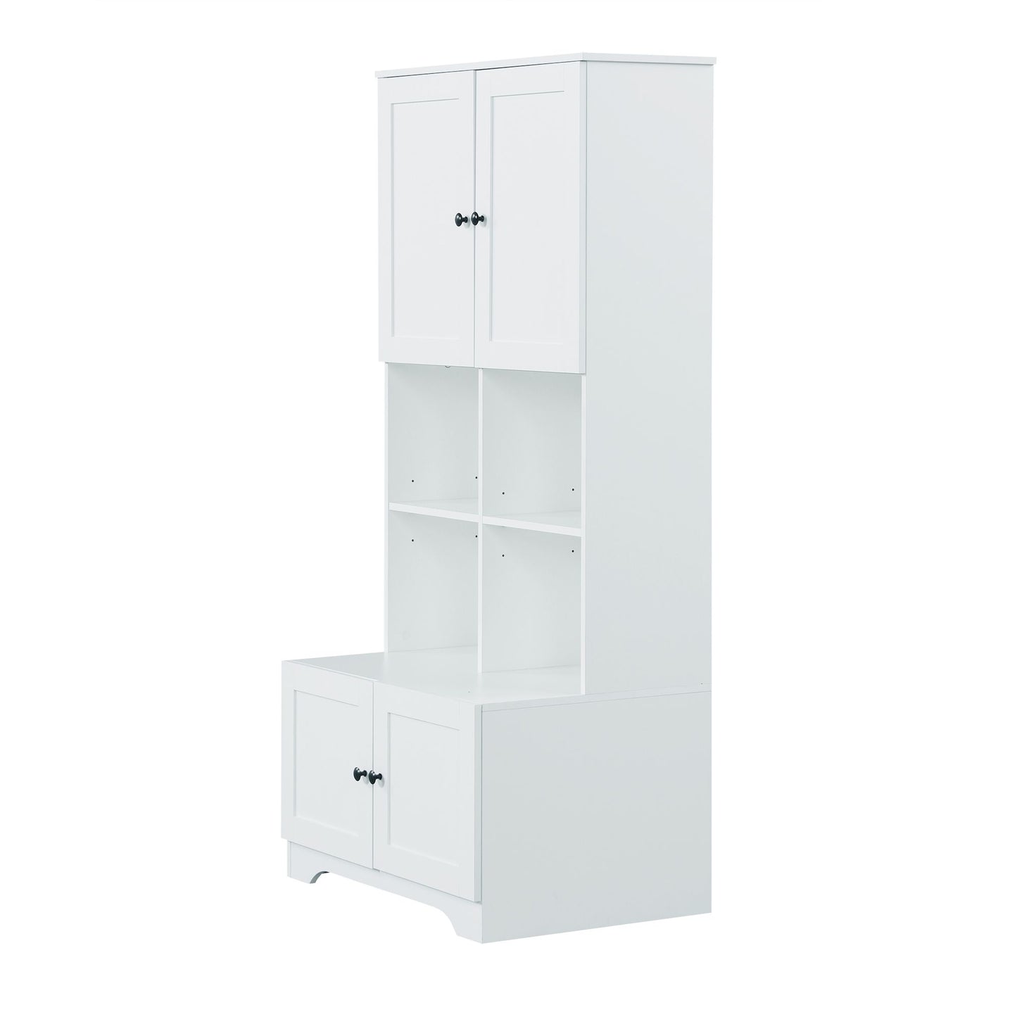 Bathroom Floor Storage Cabinet, Bathroom Storage Unit, Freestanding Cabinet with 4 Doors, Adjustable Shelves, Open multi-layer Shelves, White