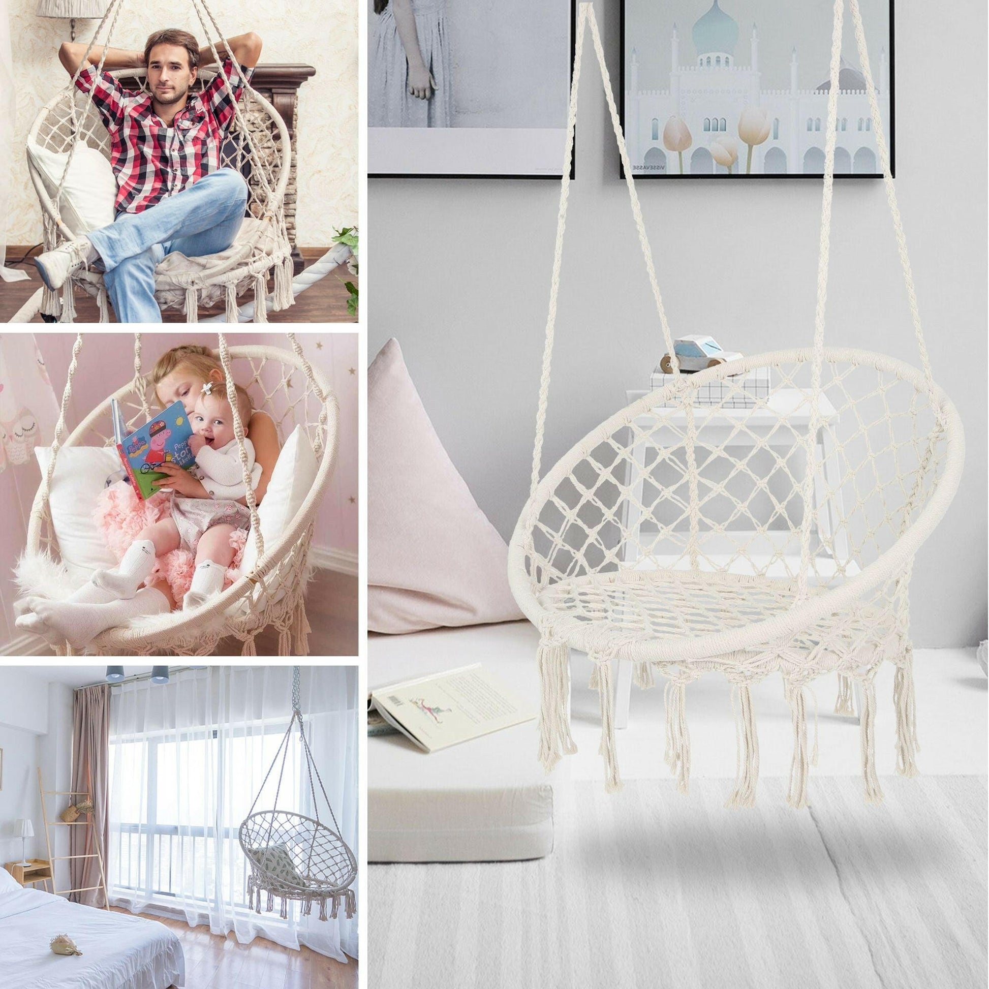 Hammock Chair Macrame Swing Max 330 Lbs Hanging Cotton Rope Hammock Swing Chair for Indoor and Outdoor.