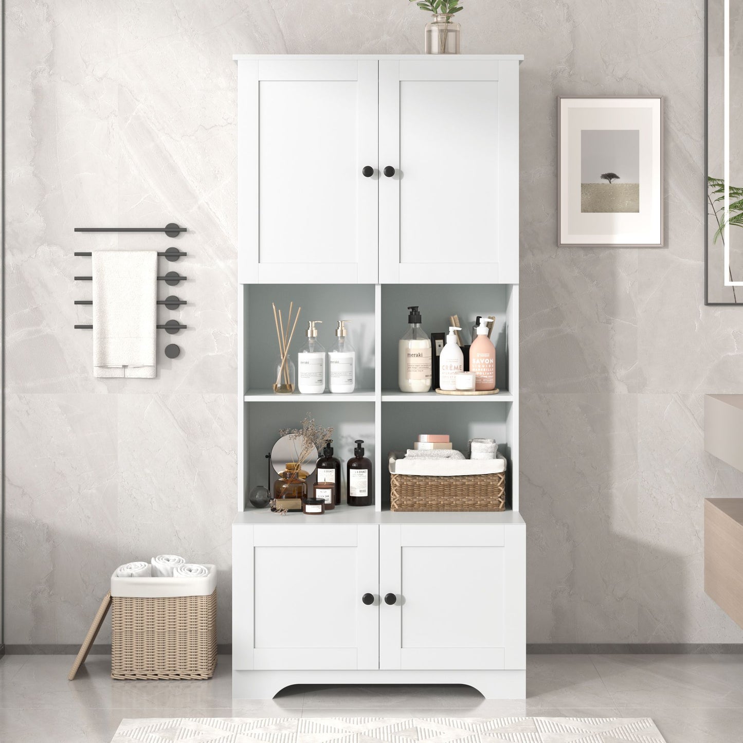 Bathroom Floor Storage Cabinet, Bathroom Storage Unit, Freestanding Cabinet with 4 Doors, Adjustable Shelves, Open multi-layer Shelves, White