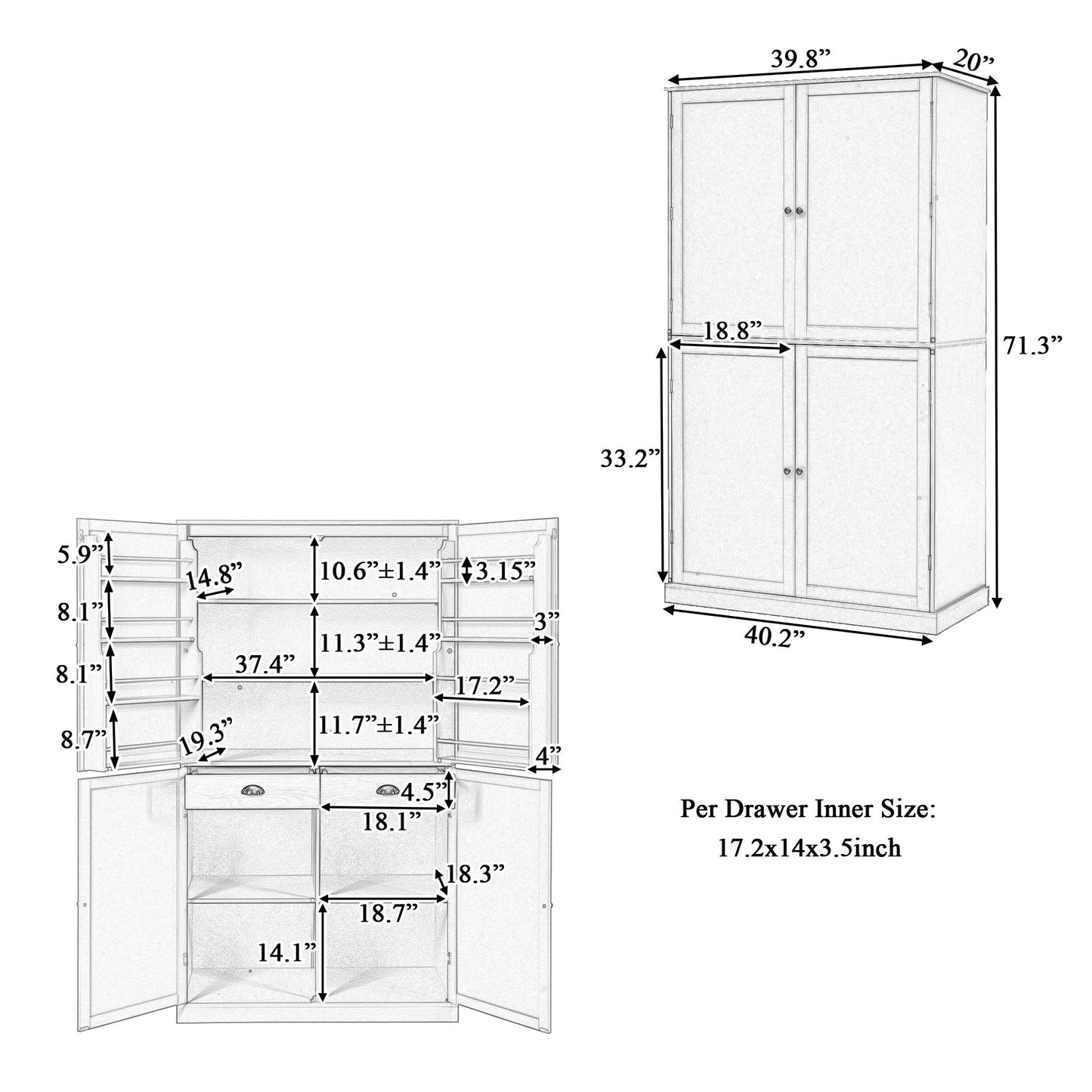 TOPMAX 40.2x20x71.3inch High Freestanding Kitchen Pantry Large Cupboard Storage Cabinet with 2 Drawers, 2 Adjustable Shelves, 8 Door Shelves for Kitchen, Dining Room,Cream