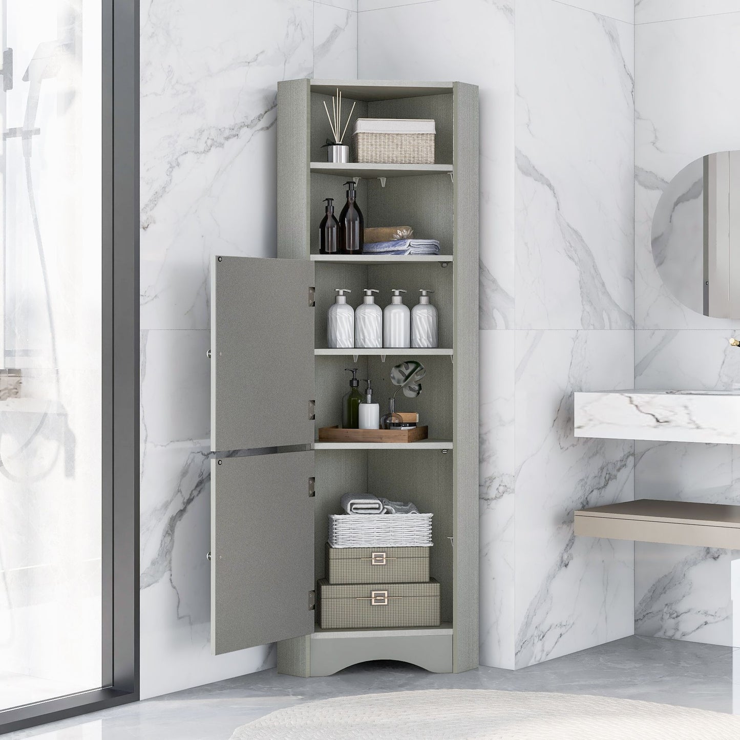 Tall Bathroom Corner Cabinet;  Freestanding Storage Cabinet with Doors and Adjustable Shelves;  MDF Board