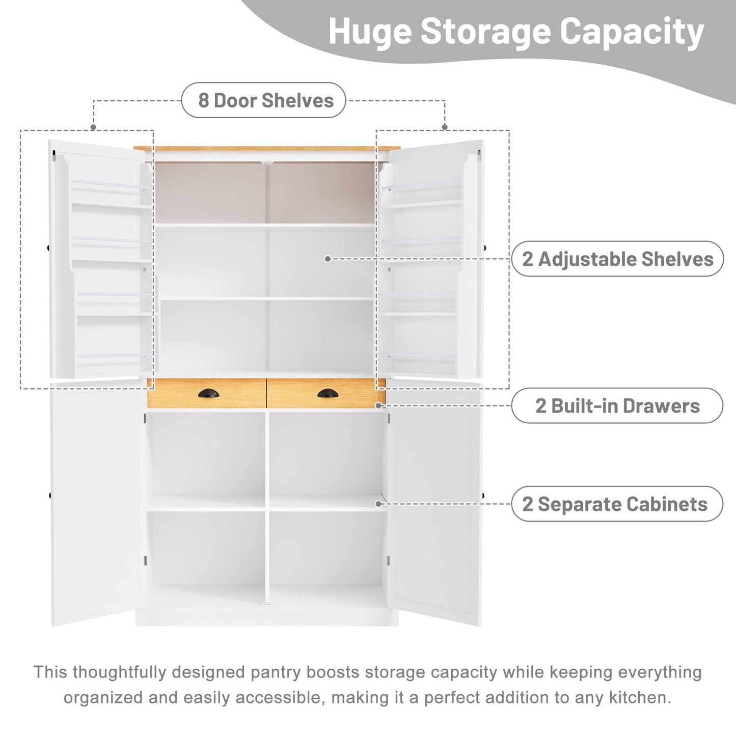 TOPMAX 40.2x20x71.3inch High Freestanding Kitchen Pantry Large Storage Cabinet with 2 Drawers, 8 Door Shelves for Kitchen, Dining Room,White