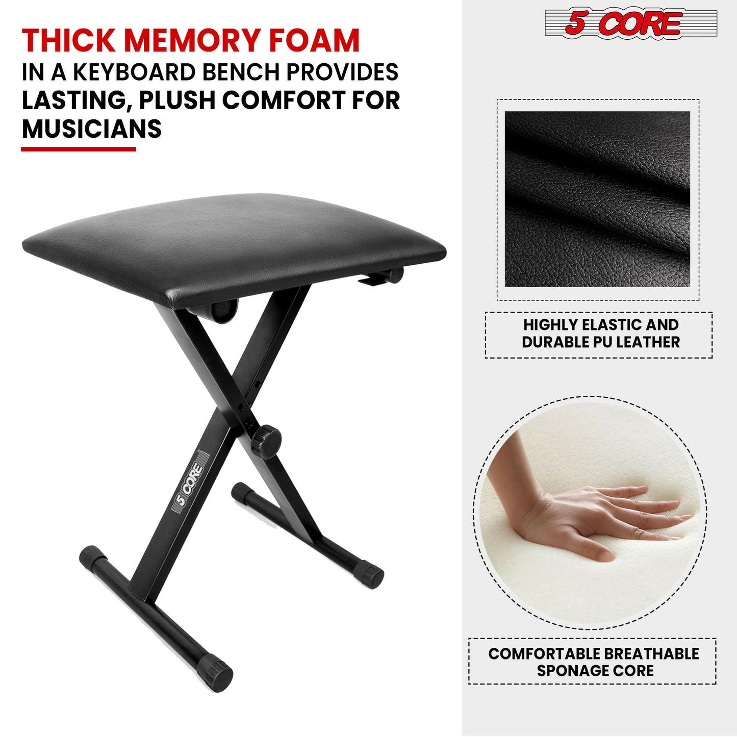 5 CORE Keyboard Bench Pair X Style Piano Stool Thick Padded 12 to 18.5 inch Adjustable Keyboards Chair Black KBB02BLK.