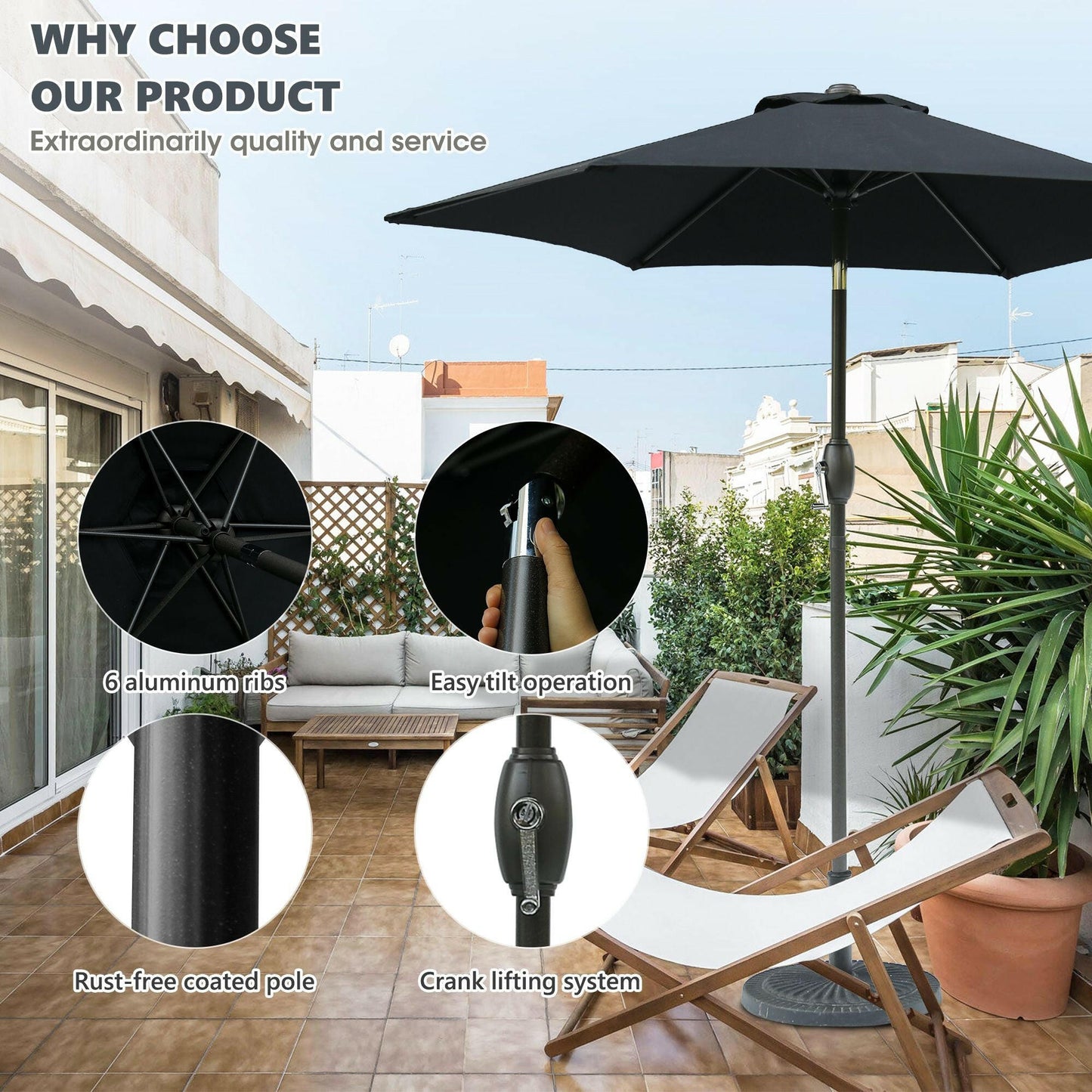 7.5ft * 7.5ft Patio Umbrella with Crank and Push Button Tilt, Outdoor Table Market Umbrella with Aluminum Pole - Black.