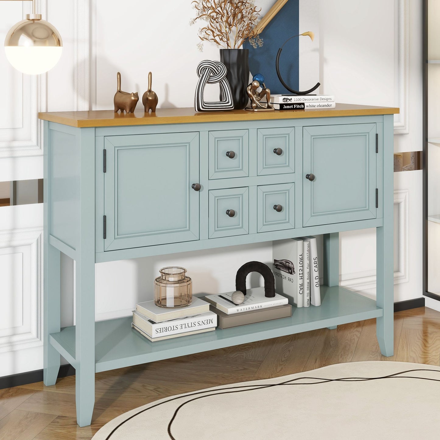 TREXM Cambridge Series Ample Storage Vintage Console Table with Four Small Drawers and Bottom Shelf for Living Rooms, Entrances and Kitchens (Lime White, OLD SKU: WF190263AAK)