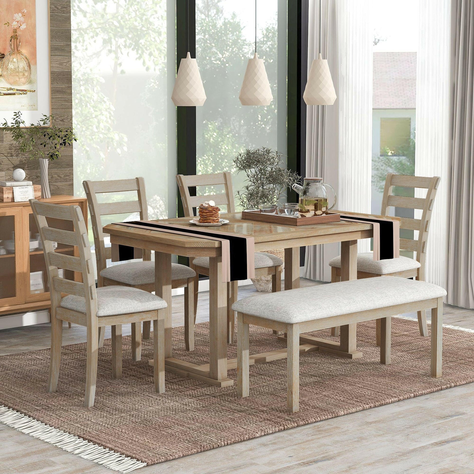 TREXM 6-Piece Rubber Wood Dining Table Set with Beautiful Wood Grain Pattern Tabletop Solid Wood Veneer and Soft Cushion (Natural Wood Wash).