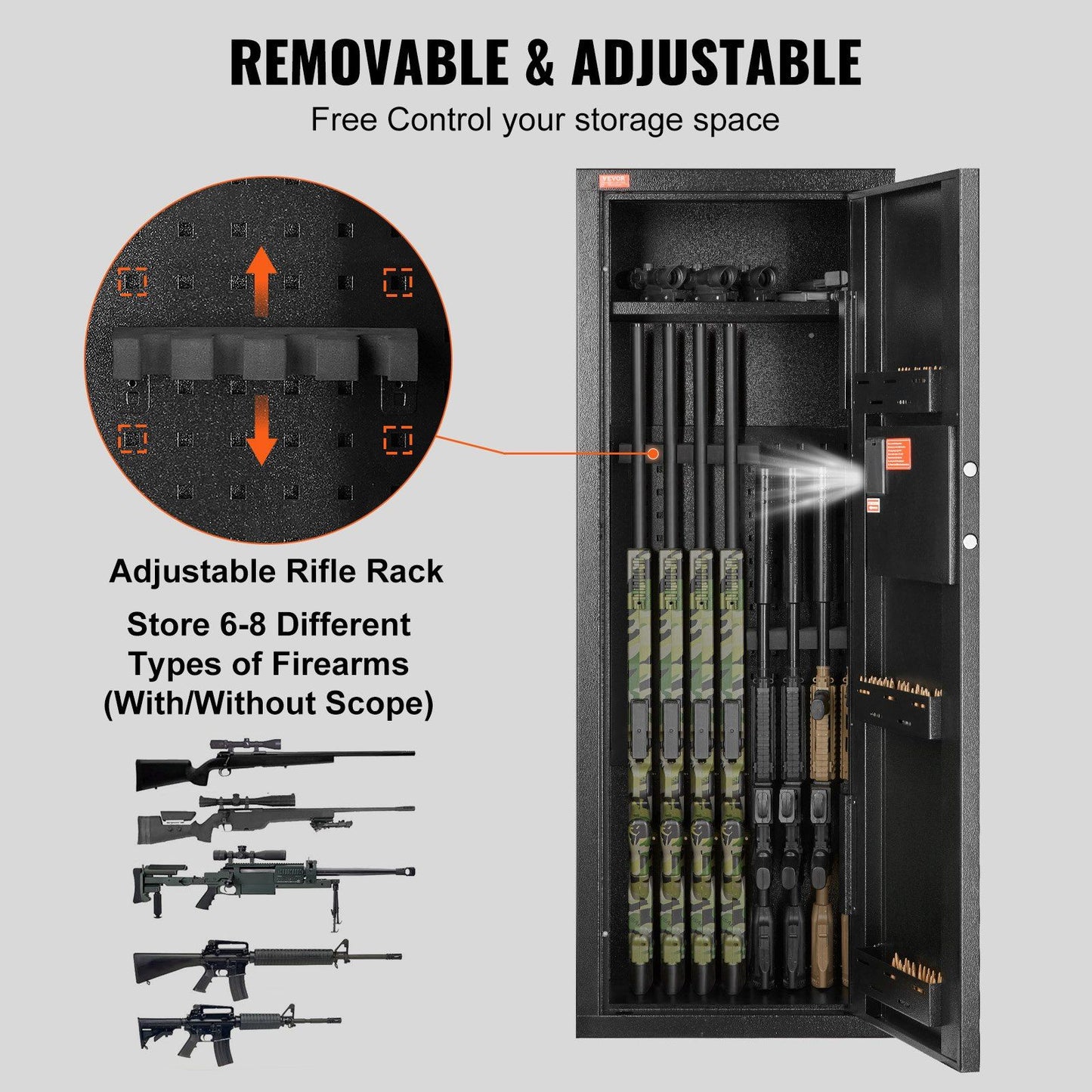 VEVOR 6-8 Rifles Gun Safe, Rifle Safe with Lock & Digital Keypad, Quick Access with Removable Shelf, Rifle Cabinet for Home