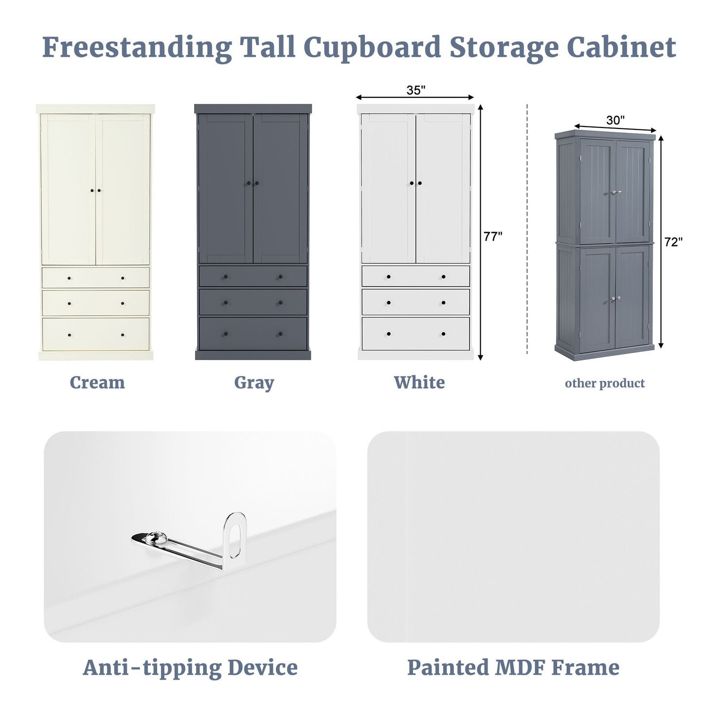 TOPMAX 77 inch Farmhouse Kitchen Pantry, Freestanding Storage Cabinet with 3 Adjustable Shelves, 8 Door Shelves, 3 Drawers, White