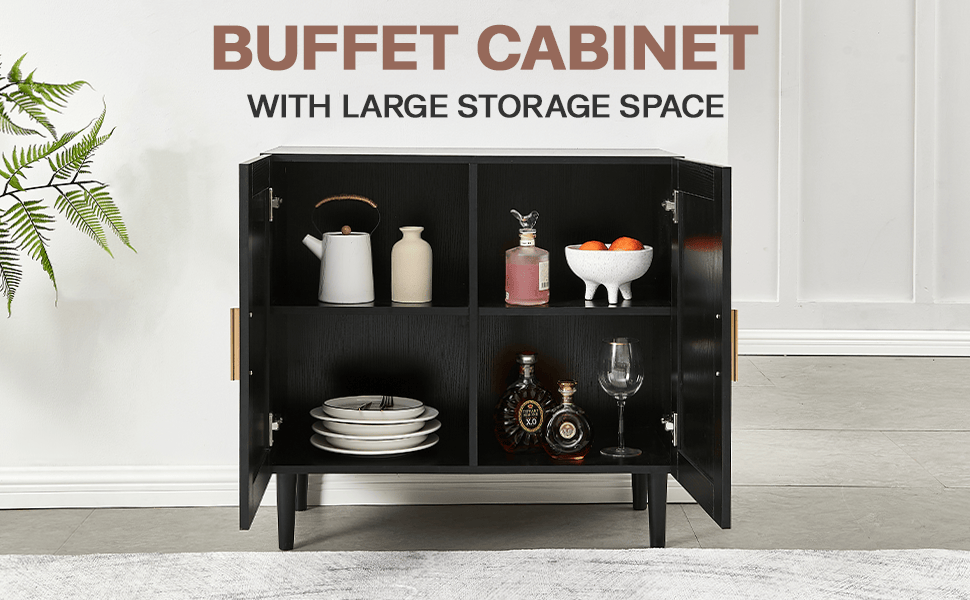 Rattan Side panel buffet cabinet with adjustable shelves, modern console for home