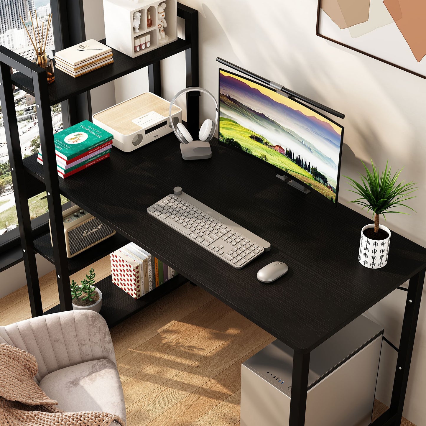 Computer desk bookcase integrated desktop Steel frame ,Computer Desk with 4 Tier Storage Shelves