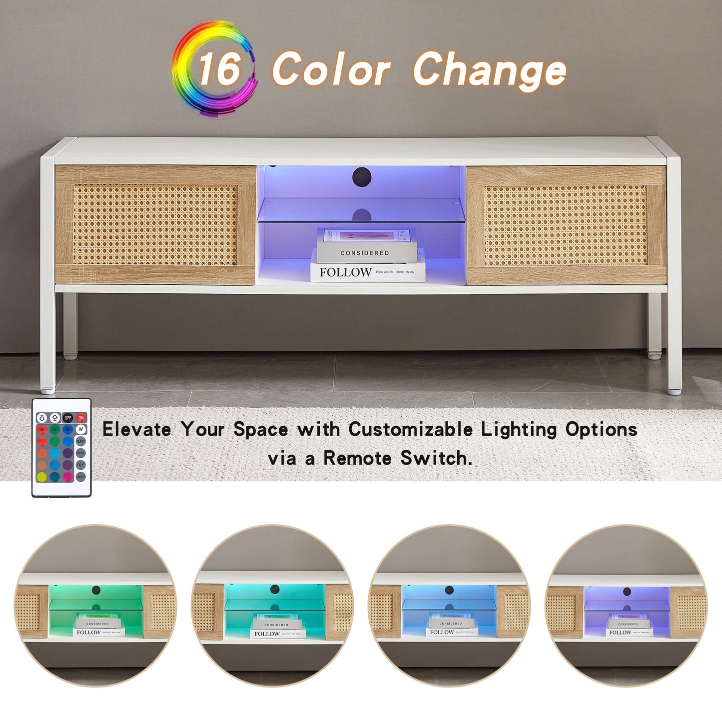 54.33" Rattan TV cabinet with variable color light strip, double sliding doors for storage, adjustable shelf,white