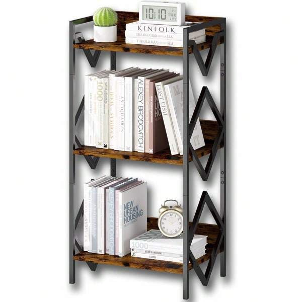 3 Tier Bookshelf For Small Space, Small Metal Bookshelf For Books, Organizers And Storage, Rustic Bookshelf, Table