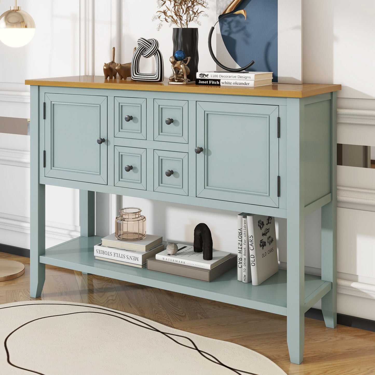 TREXM Cambridge Series Ample Storage Vintage Console Table with Four Small Drawers and Bottom Shelf for Living Rooms, Entrances and Kitchens (Lime White, OLD SKU: WF190263AAK)