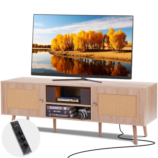 VEVOR Rattan Mid Century Modern TV Stand for 65 inch with Built-in Socket and USB Ports, Adjustable Shelves, Oak