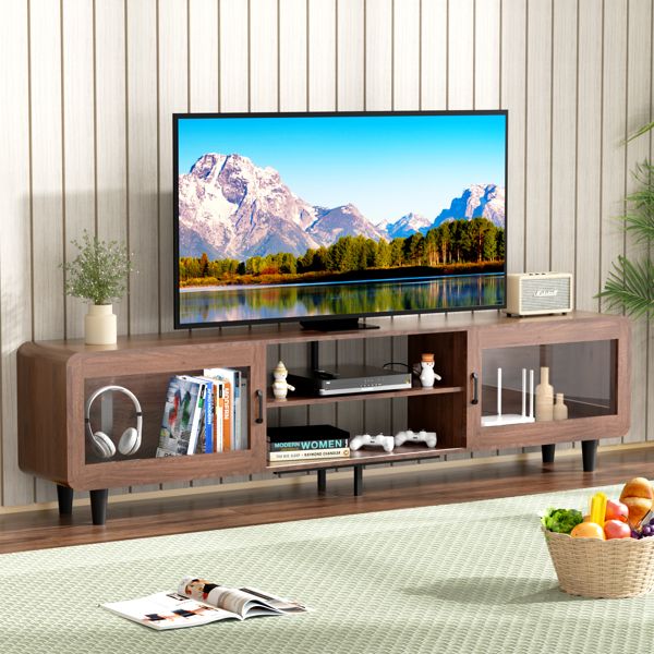 TV Stand for 55/60/65/70", Wood Entertainment Center with Power Outlets, Media Console with Sliding Doors and Open Shelf for Living Room, Walnut