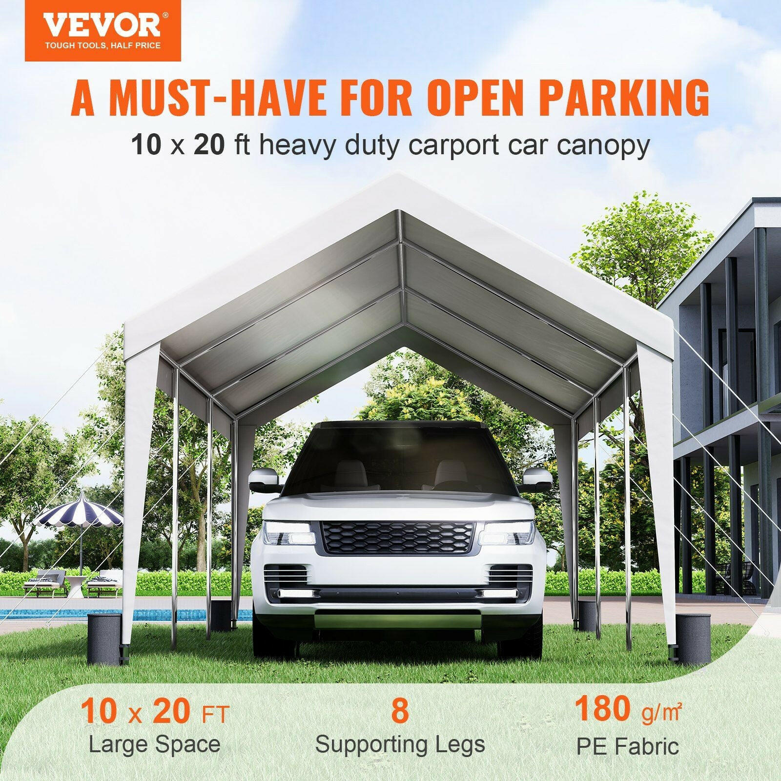 VEVOR Carport, 10x20 ft Heavy Duty Car Canopy Garage Boat Shelter Party Tent with 8 Reinforced Poles and 4 Weight Bags, UV Resistant Waterproof All-Season Tarp for SUV, F150, Car, Truck, Boat.