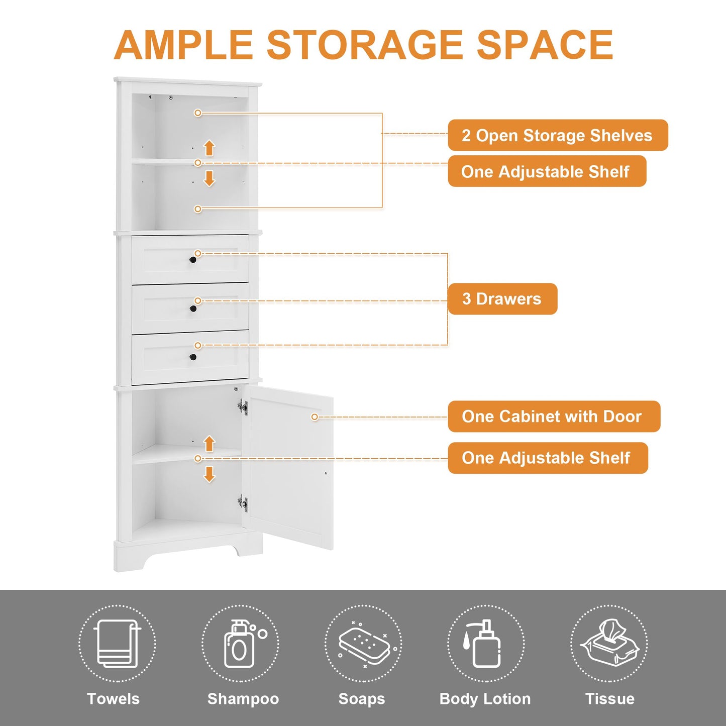 Triangle Tall Cabinet with 3 Drawers and Adjustable Shelves for Bathroom;  Kitchen or Living Room;  MDF Board with Painted Finish