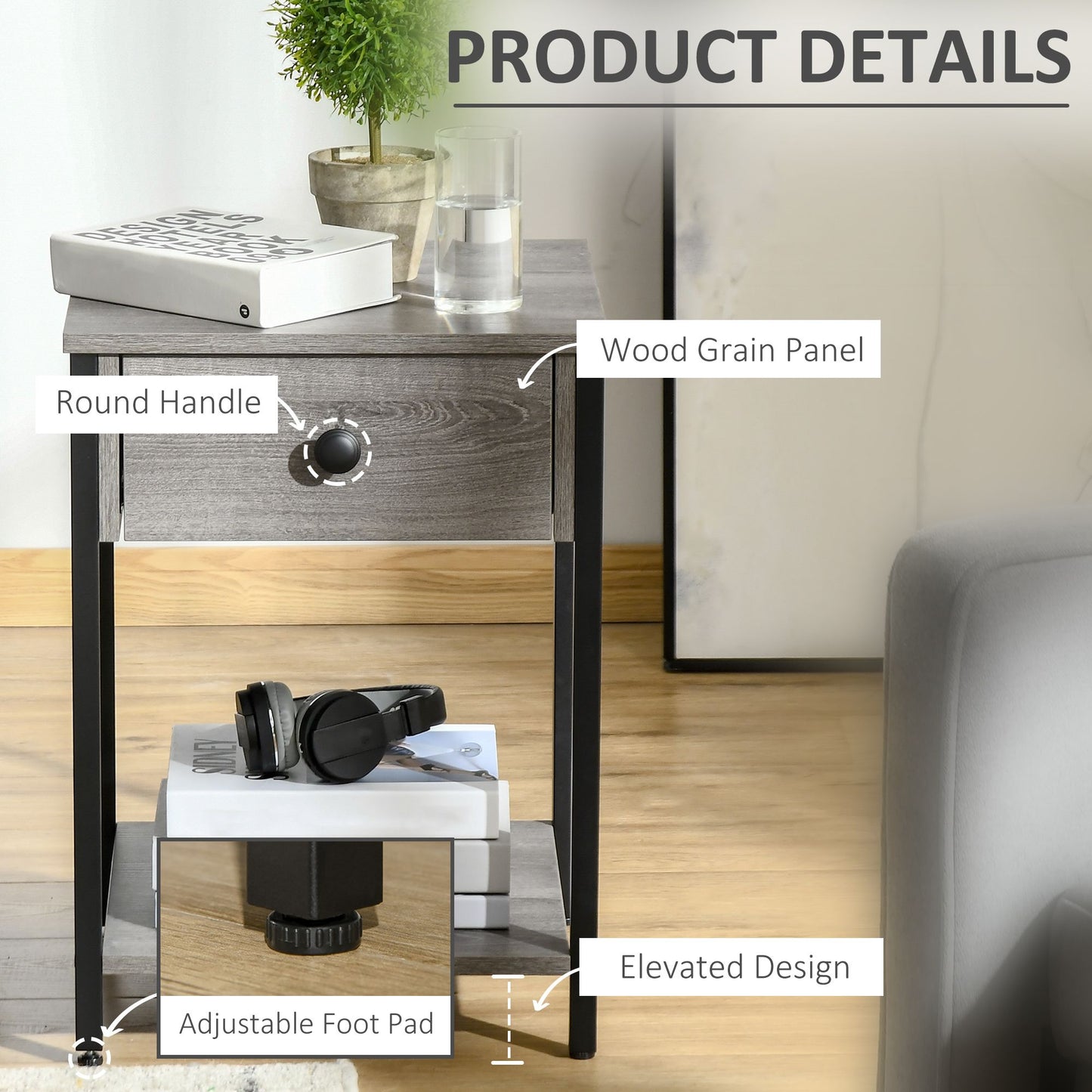 Industrial End Table with Storage Shelf, Accent Side Table with Drawer, Grey