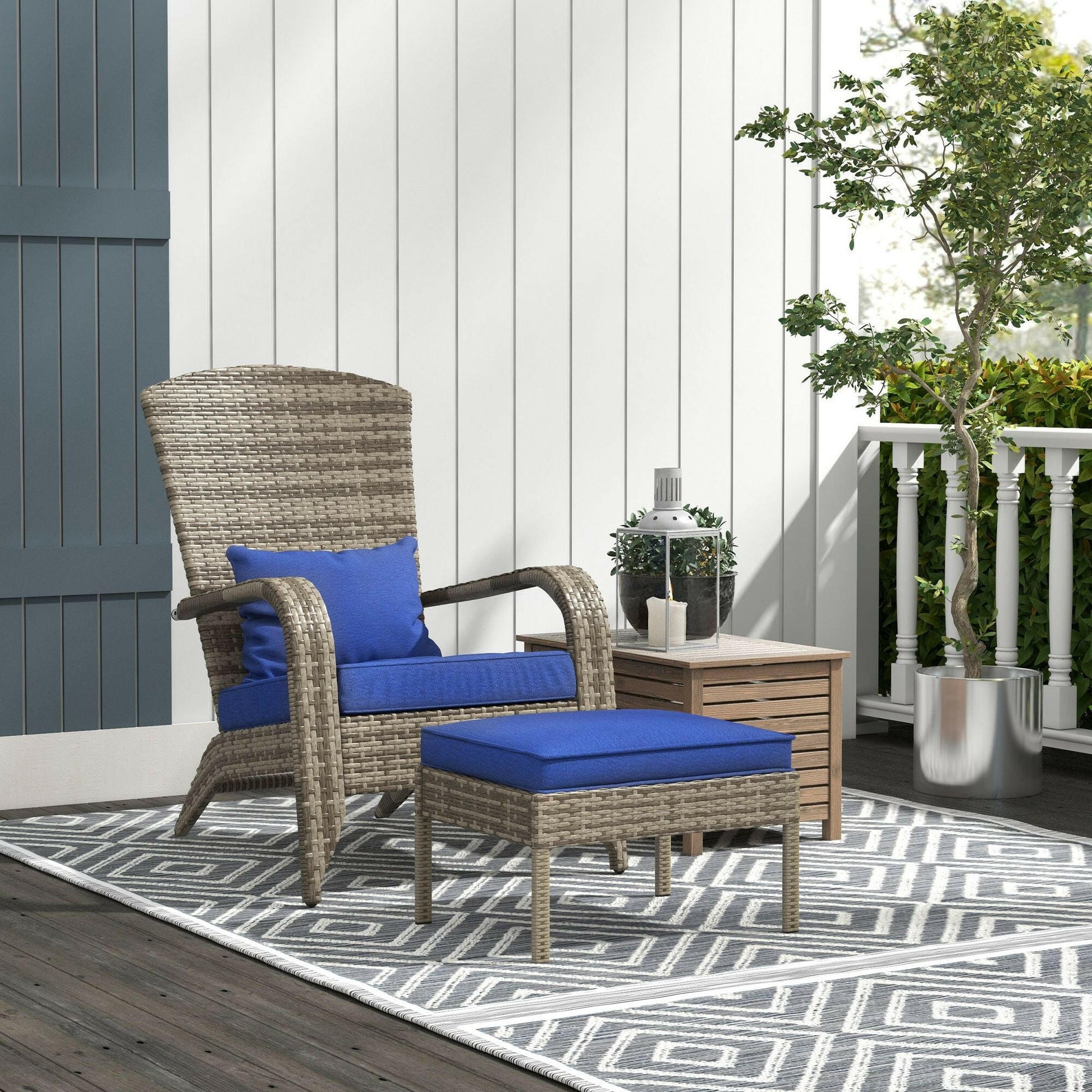 Outsunny Patio Wicker Adirondack Chair with Ottoman, Outdoor Fire Pit Chair with Cushions, High-Back, Large Seat & Armrests for Deck, Garden & Backyard, Dark Blue.