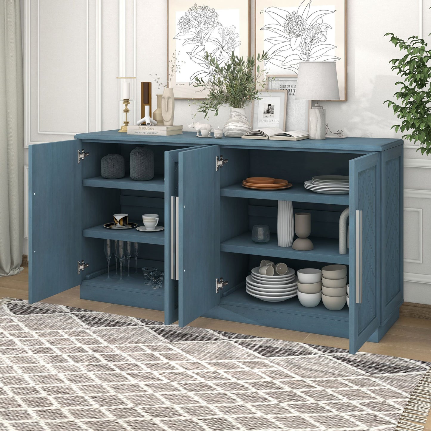 TREXM Sideboard with 4 Doors Large Storage Space Buffet Cabinet with Adjustable Shelves and Silver Handles (Antique Blue)