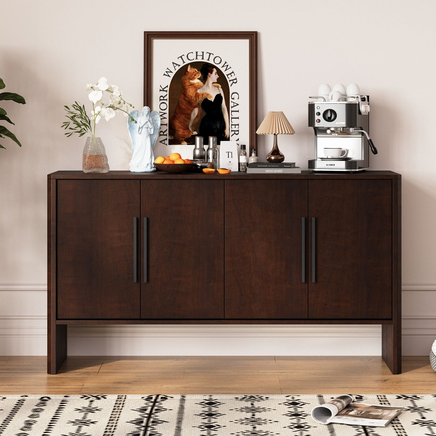 4-Door Large Storage Retro Sideboard with Adjustable Shelves and Long Handles for Kitchen,Dining Room and Living Room