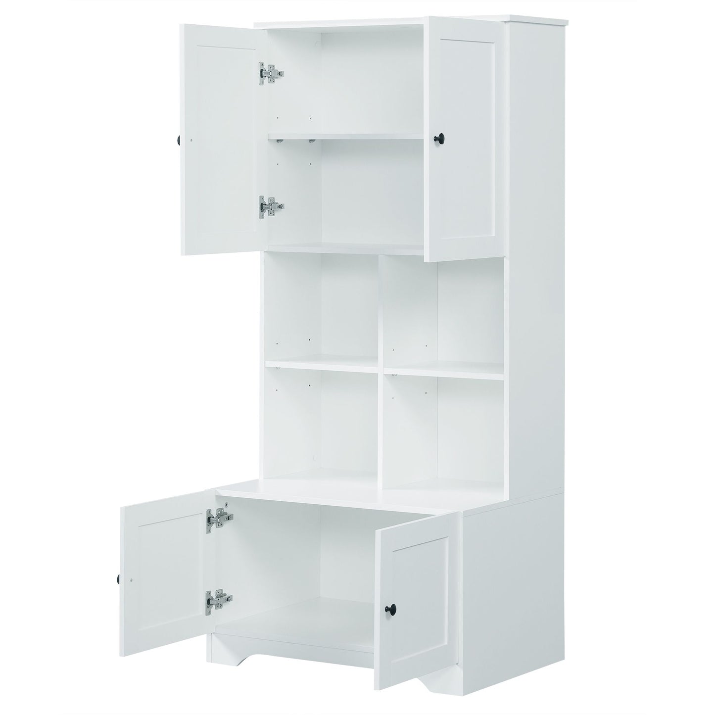 Bathroom Floor Storage Cabinet, Bathroom Storage Unit, Freestanding Cabinet with 4 Doors, Adjustable Shelves, Open multi-layer Shelves, White