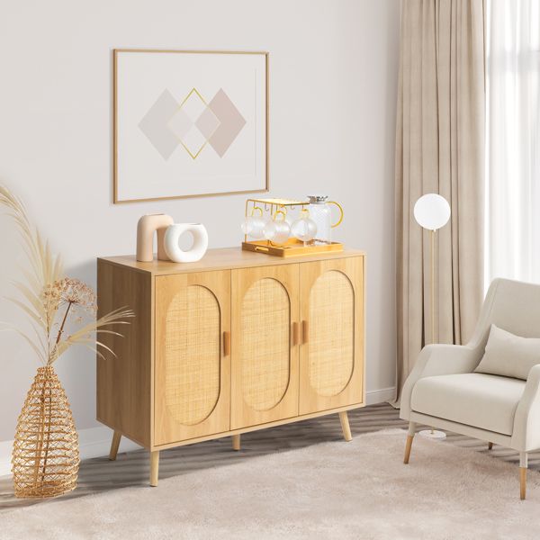 Modern Rattan Shoe Storage Cabinet with 3 Doors and Adjustable Shelves, Accent Cabinet for Living Room, Bedroom, Hallway