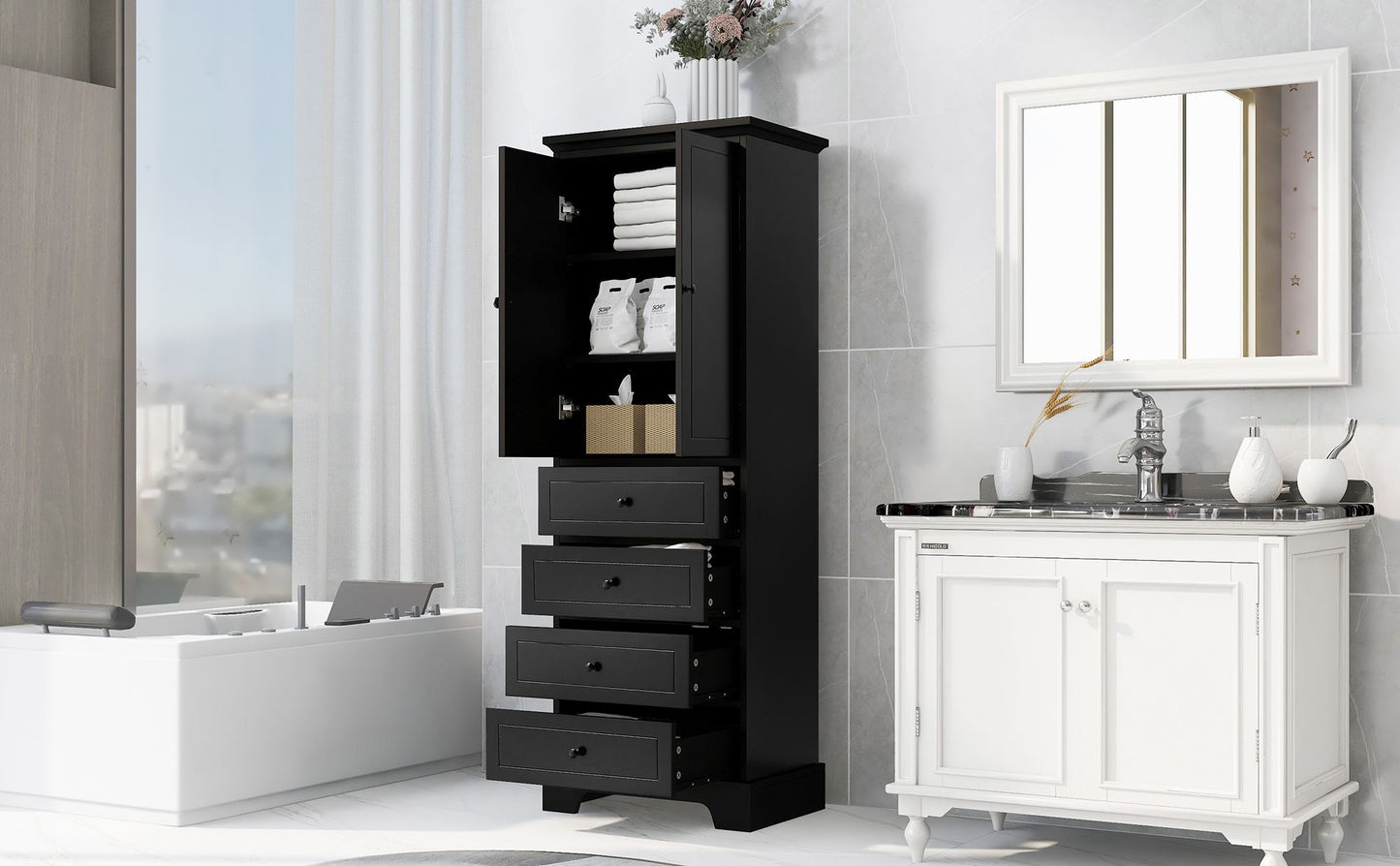 Storage Cabinet with 2 Doors and 4 Drawers for Bathroom, Office, Adjustable Shelf, MDF Board with Painted Finish, Black