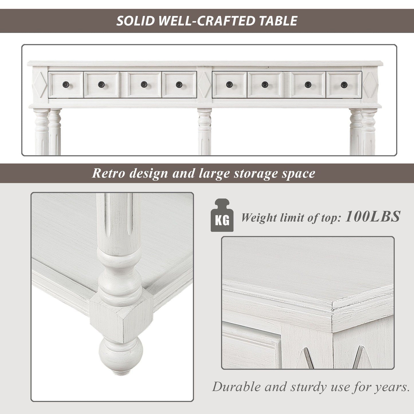 Retro Console Table Entryway Table 58" Long Sofa Table with 2 Drawers in Same Size and Bottom Shelf for Storage (Antique White)