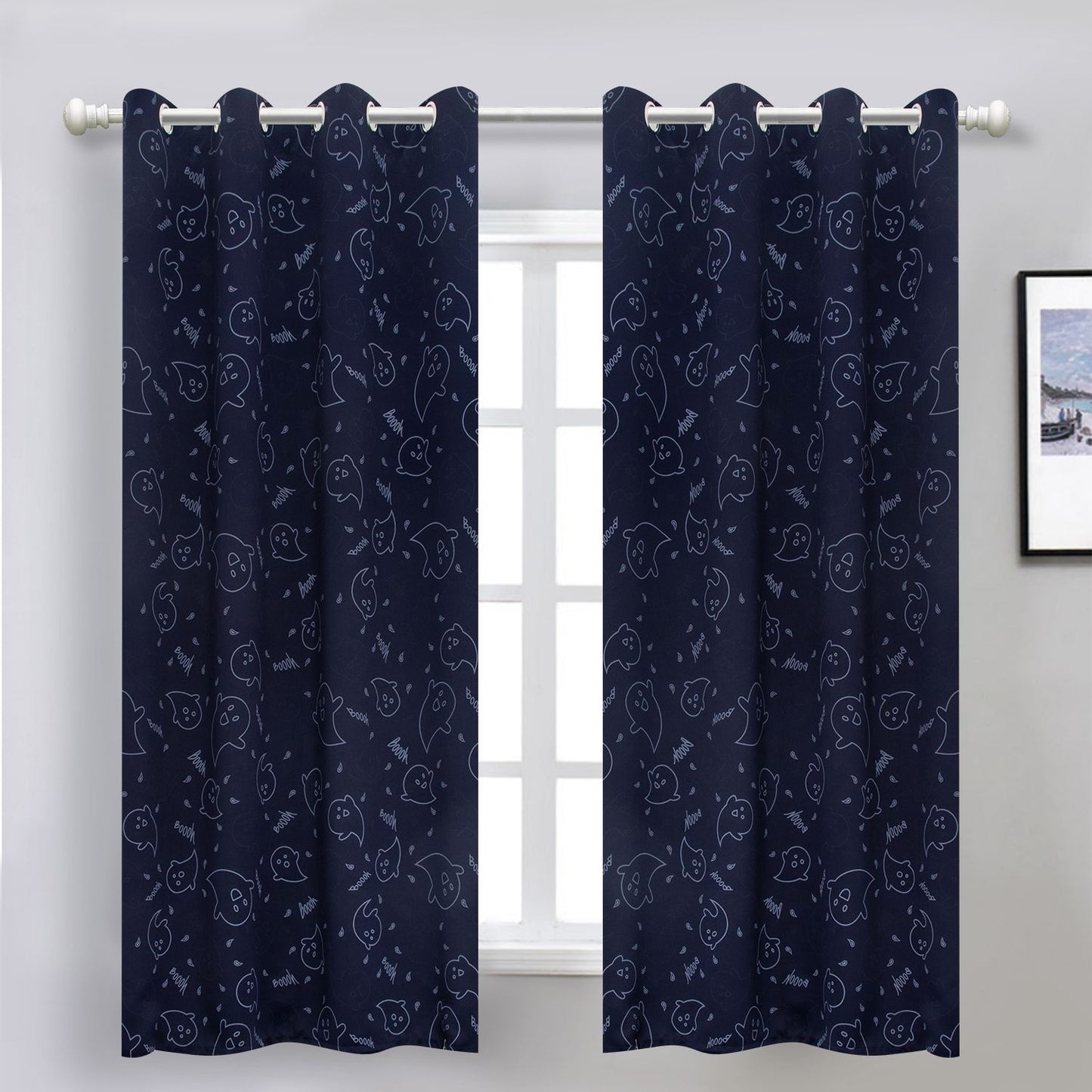 Muwago Ghost Demon Dark Blue Blackout Curtains Luminous Glow in The Dark Themed Grommet Thermal Insulated Curtains Bedroom and Living Room Window Treatment