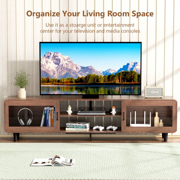 TV Stand for 55/60/65/70", Wood Entertainment Center with Power Outlets, Media Console with Sliding Doors and Open Shelf for Living Room, Walnut