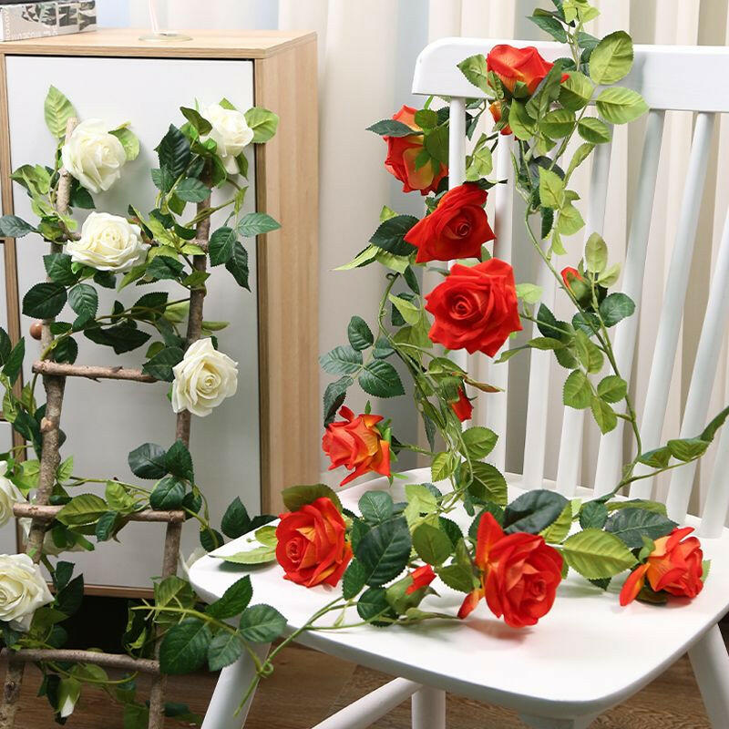 2pcs Fake Rose Vine Flowers Garland Plant Artificial Flower Wall Hanging Flower Rattan Fake Plant Leaf Wedding Home Garden Decor.