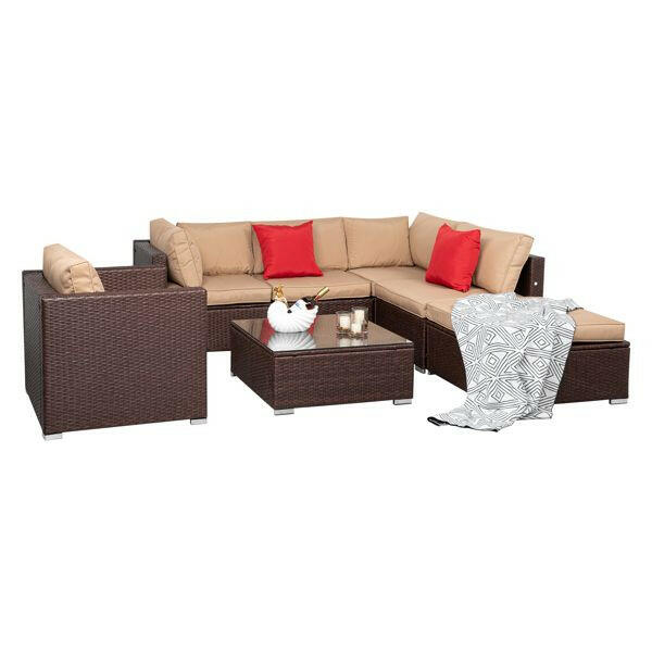 7 Pieces Wood Grain Patio PE Wicker Rattan Corner Sofa Set.