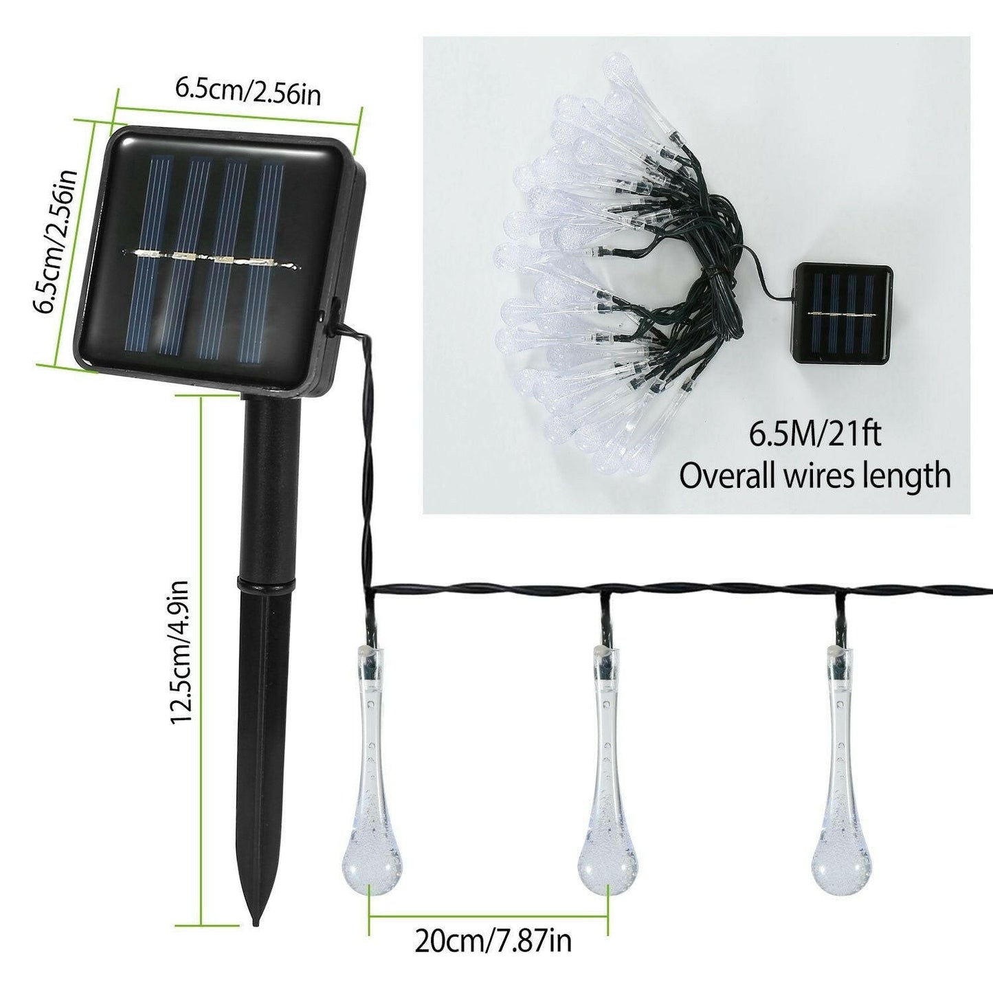 Outdoor Solar String Lights 21 Feet 30 LEDs Water Drop Solar Powered Lights.