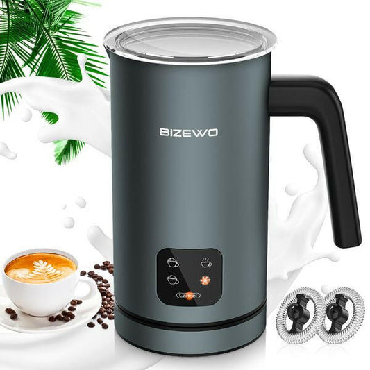 Frother for Coffee, Milk Frother, 4 IN 1 Automatic Hot and Cold Foam Maker, BIZEWO Stainless Steel Milk Steamer for Latte, Cappuccinos, Macchiato, Hot Chocolate Milk with LED Touch.