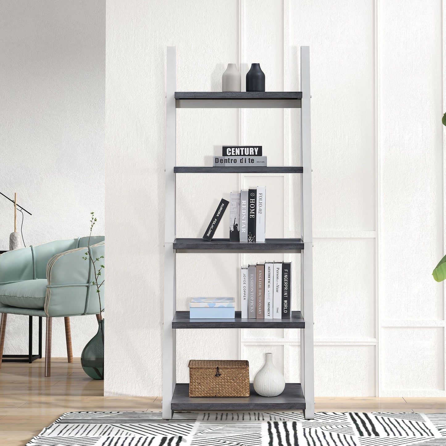 5-Tier Shelves,Bookshelf, Storage Rack, Bookcase with Rubber Wood Frame, Ladder Shelf for Living Room, Home Office, Kitchen, Bedroom, Apartment