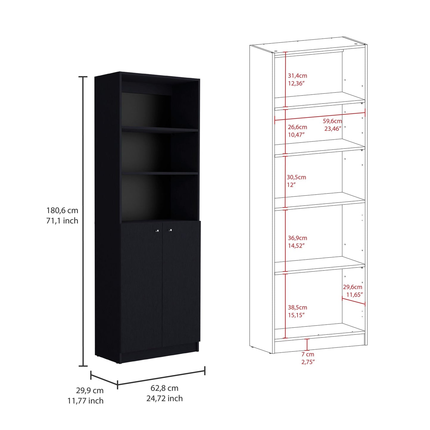 Poston 3 Piece Home Bookcase set, 67" Wide with 13 Shelves and Two-Door Cabinet , Living Room Set Set Black