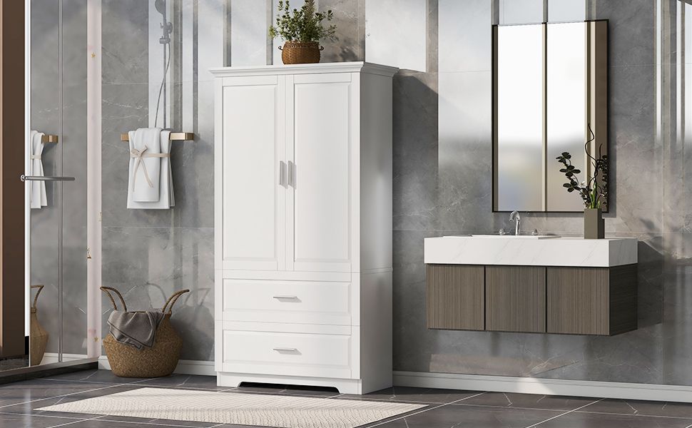 Tall Bathroom Storage Cabinet, Cabinet with Two Doors and Drawers, Adjustable Shelf, MDF Board, White