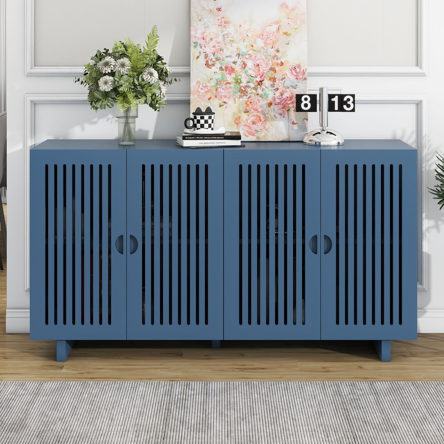 TREXM Modern Style Sideboard with Superior Storage Space, Hollow Door Design and 2 Adjustable Shelves for Living Room and Dining Room (Navy Blue)