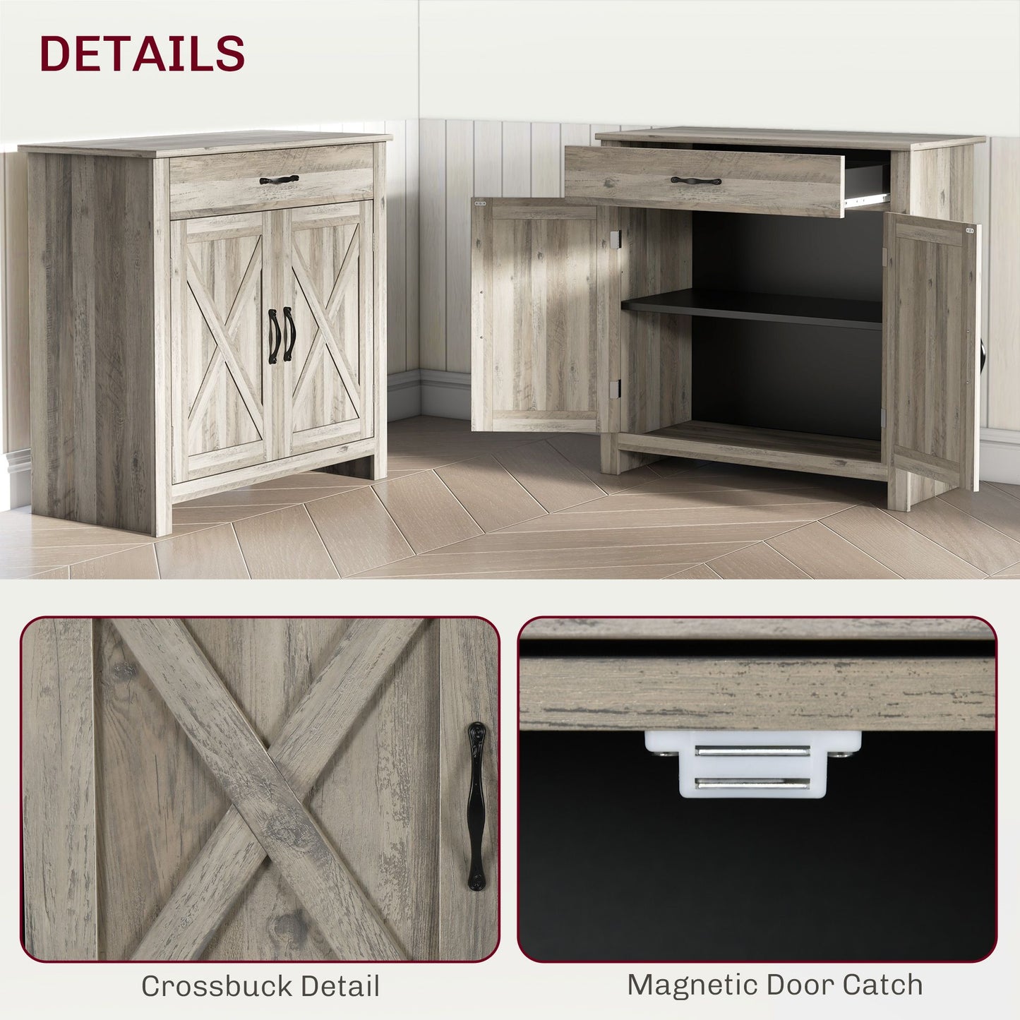 Farmhouse Sideboard Buffet Cabinet, with Drawer and Adjustable Shelf,  Gray Wash