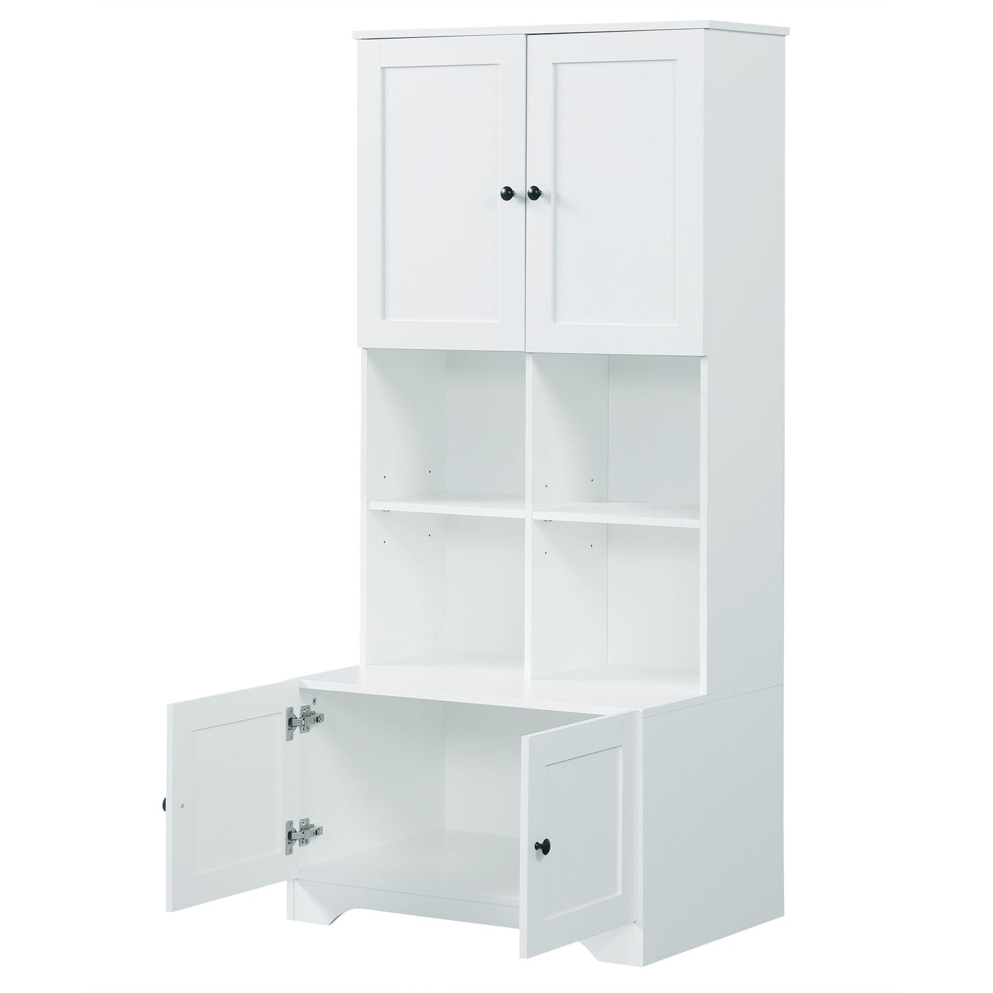 Bathroom Floor Storage Cabinet, Bathroom Storage Unit, Freestanding Cabinet with 4 Doors, Adjustable Shelves, Open multi-layer Shelves, White