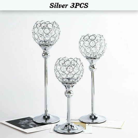 Crystal Candle Holder Pillar Gold/Silver Metal Tealight Candlestick Wedding Table Centerpiece Party Christmas Home Desktop Decor.